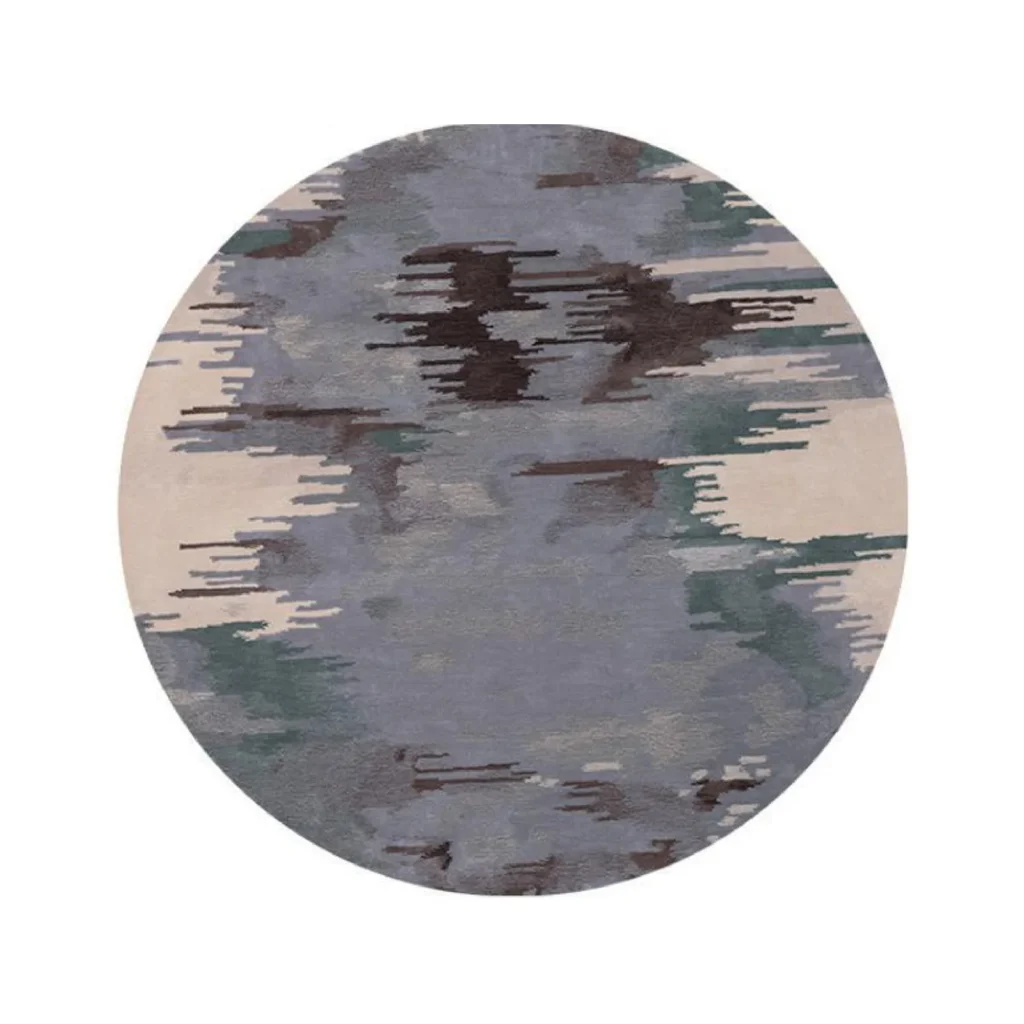 Custom Round Ikat Rug in Blue, Grey, Green and Cream — front view