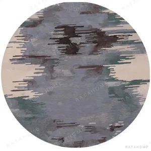 Custom Round Ikat Rug in Blue, Grey, Green and Cream — in a room setting