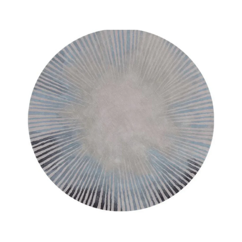 Custom Round Starburst Rug in Grey, Blue and Cream — front view