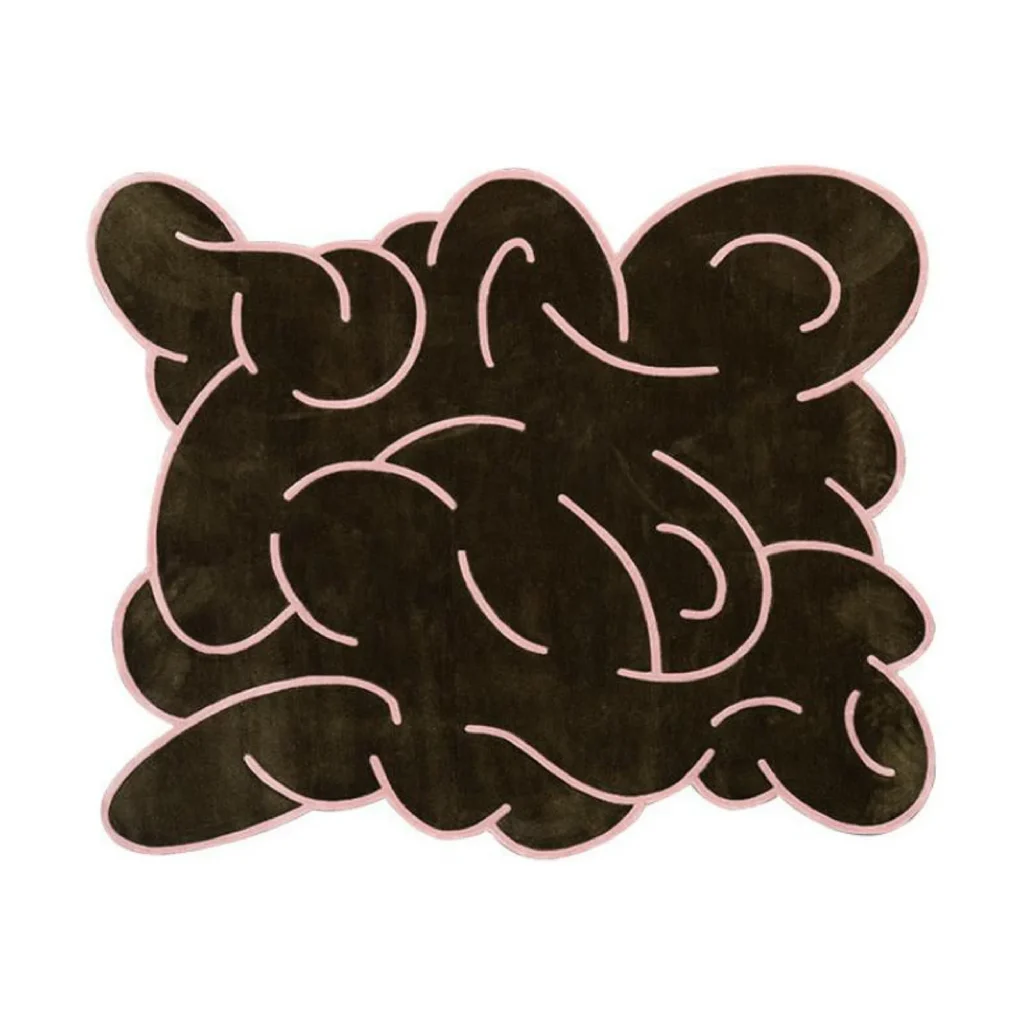 Custom Tangled Form Rug in Dark Olive with Pink Outline — front view