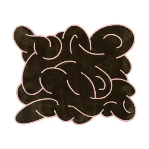 Custom Tangled Form Rug in Dark Olive with Pink Outline — front view