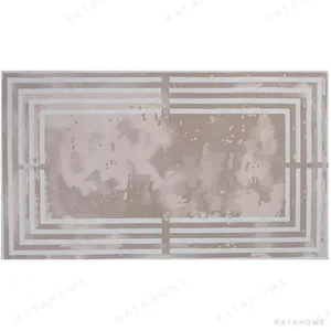 Custom Framed Border Rug in Taupe with Marbled Centre — in a room setting
