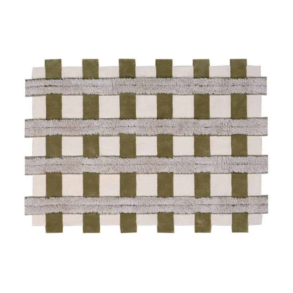 Custom Woven Check Rug in Olive and Cream with Shag Bands — front view