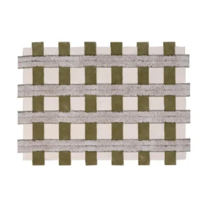 Custom Woven Check Rug in Olive and Cream with Shag Bands — front view