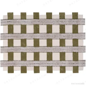 Custom Woven Check Rug in Olive and Cream with Shag Bands — in a room setting