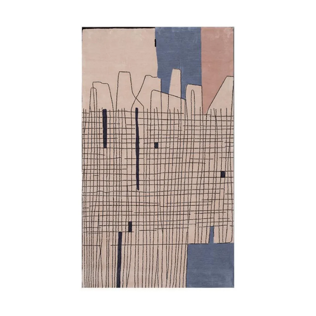 Custom Skyline Sketch Rug in Blush, Blue and Charcoal — front view