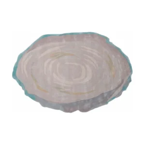 Custom Tree Ring Rug in Taupe with Teal Edge — front view