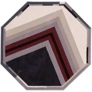 Custom Octagonal Rug in Charcoal, Burgundy and Cream — in a room setting