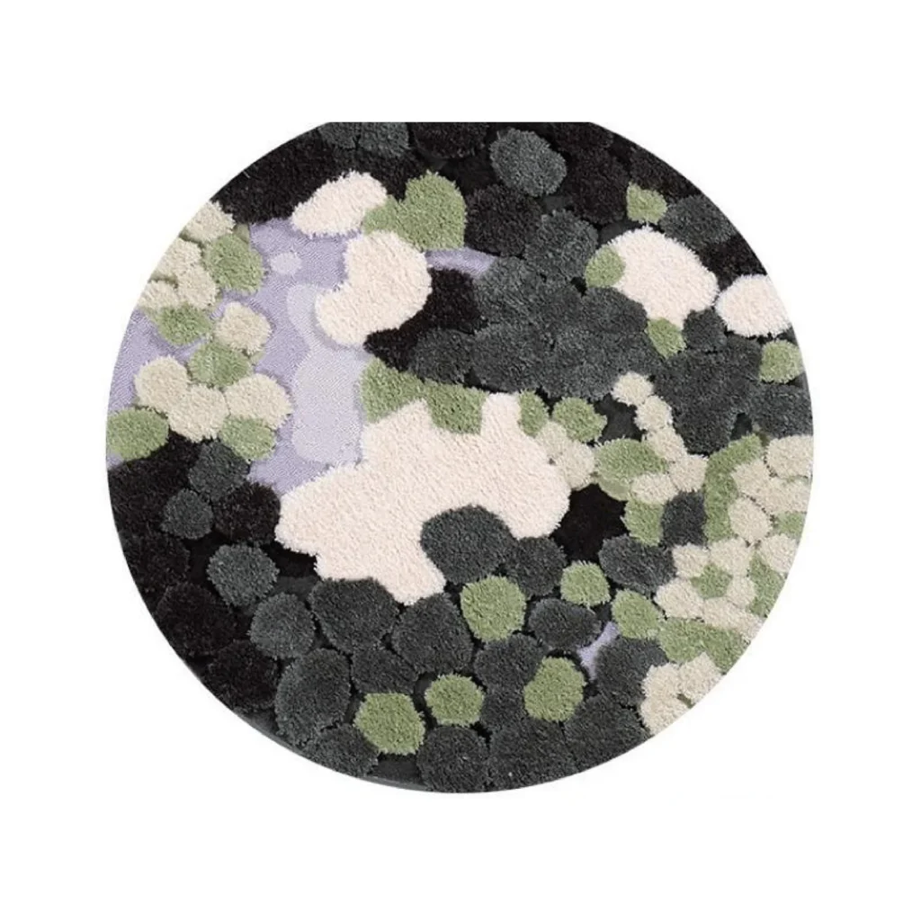 Custom Round Moss Rug in Green, Cream and Charcoal — front view