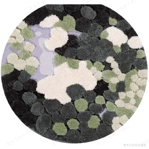 Custom Round Moss Rug in Green, Cream and Charcoal — in a room setting