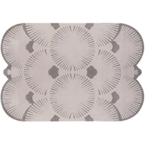Custom Scalloped Fan Rug in Pale Grey and Cream — in a room setting