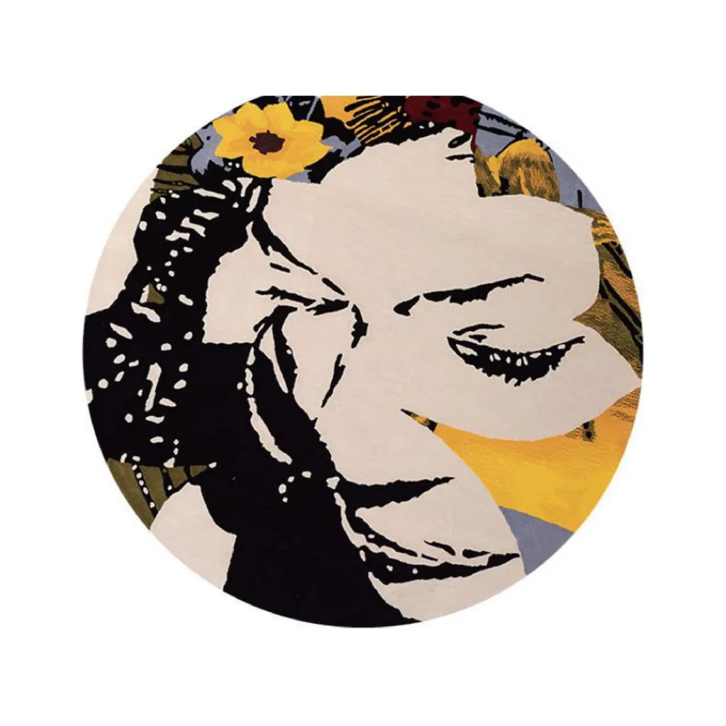Custom Round Pop-Art Portrait Rug with Yellow Flowers in black — front view