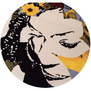 Custom Round Pop-Art Portrait Rug with Yellow Flowers in black — in a room setting