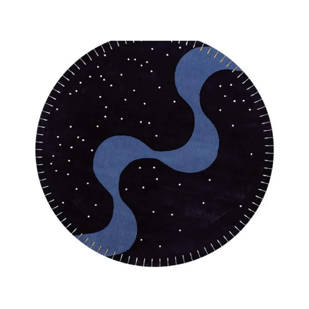 Custom Round Night Sky Rug in Navy with Blue Wave — front view