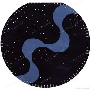 Custom Round Night Sky Rug in Navy with Blue Wave — in a room setting