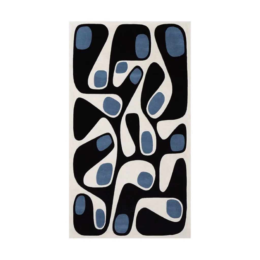 Custom Mid-Century Amoeba Rug in Black, Cream and Blue — front view