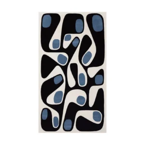 Custom Mid-Century Amoeba Rug in Black, Cream and Blue — front view