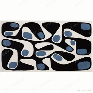 Custom Mid-Century Amoeba Rug in Black, Cream and Blue — in a room setting