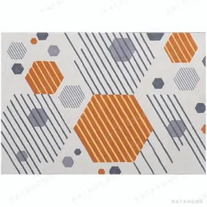 Custom Hexagon Rug in Orange and Grey on Cream — in a room setting