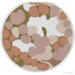 Custom Round Pebble Rug in Blush, Sand and Olive — in a room setting