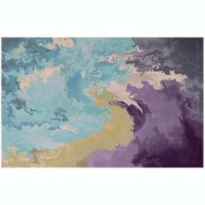 Custom Fluid Marble Rug in Purple, Teal and Gold — in a room setting