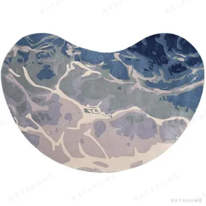 Custom Kidney Rug in Blue, Grey and Cream Water Ripple — in a room setting