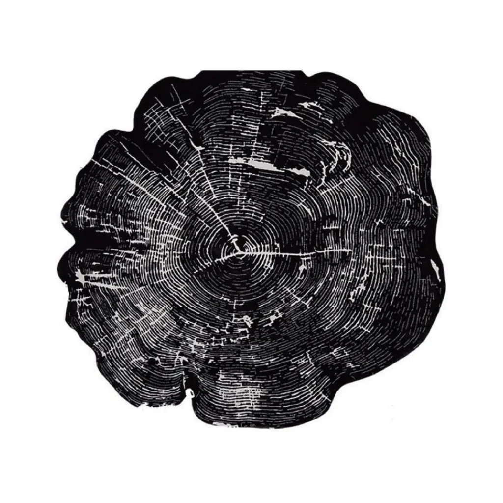 Custom Tree Ring Rug in Black and Cream — front view