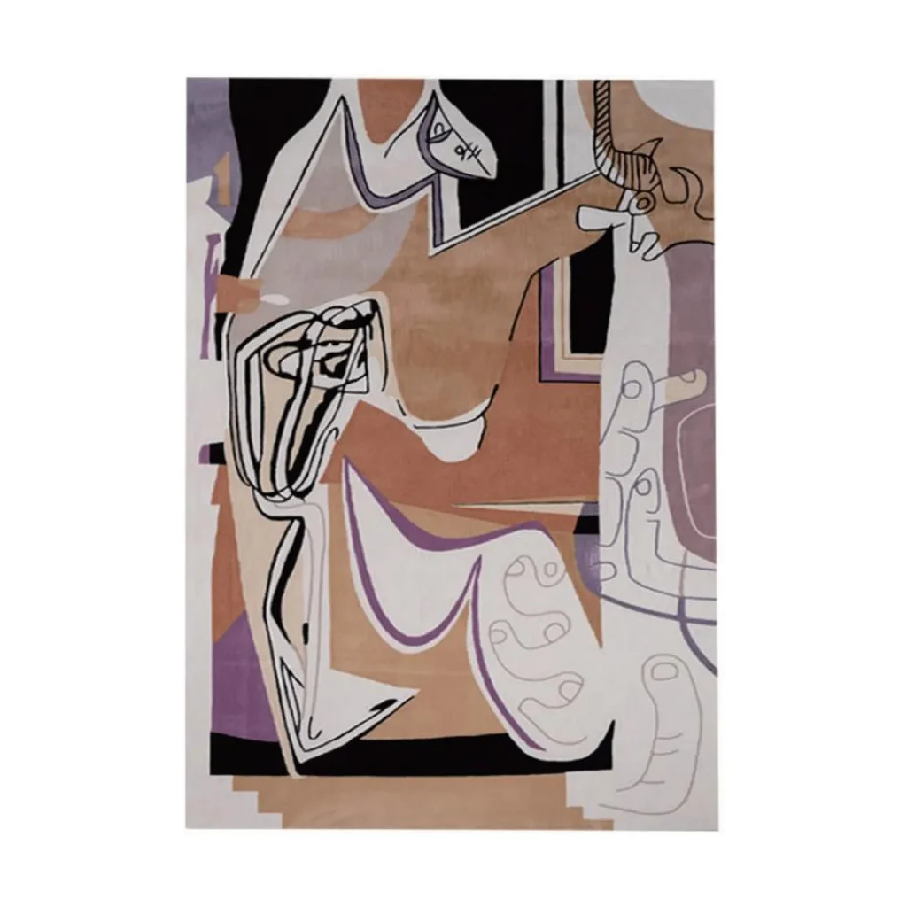 Custom Cubist Figure Rug in Tan, Lilac and Black — front view