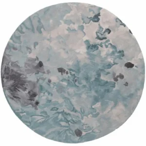 Custom Round Sea Foam Rug in Aqua, Grey and Cream — in a room setting