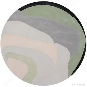 Custom Round Layered Wave Rug in Sage, Blush and Grey — in a room setting
