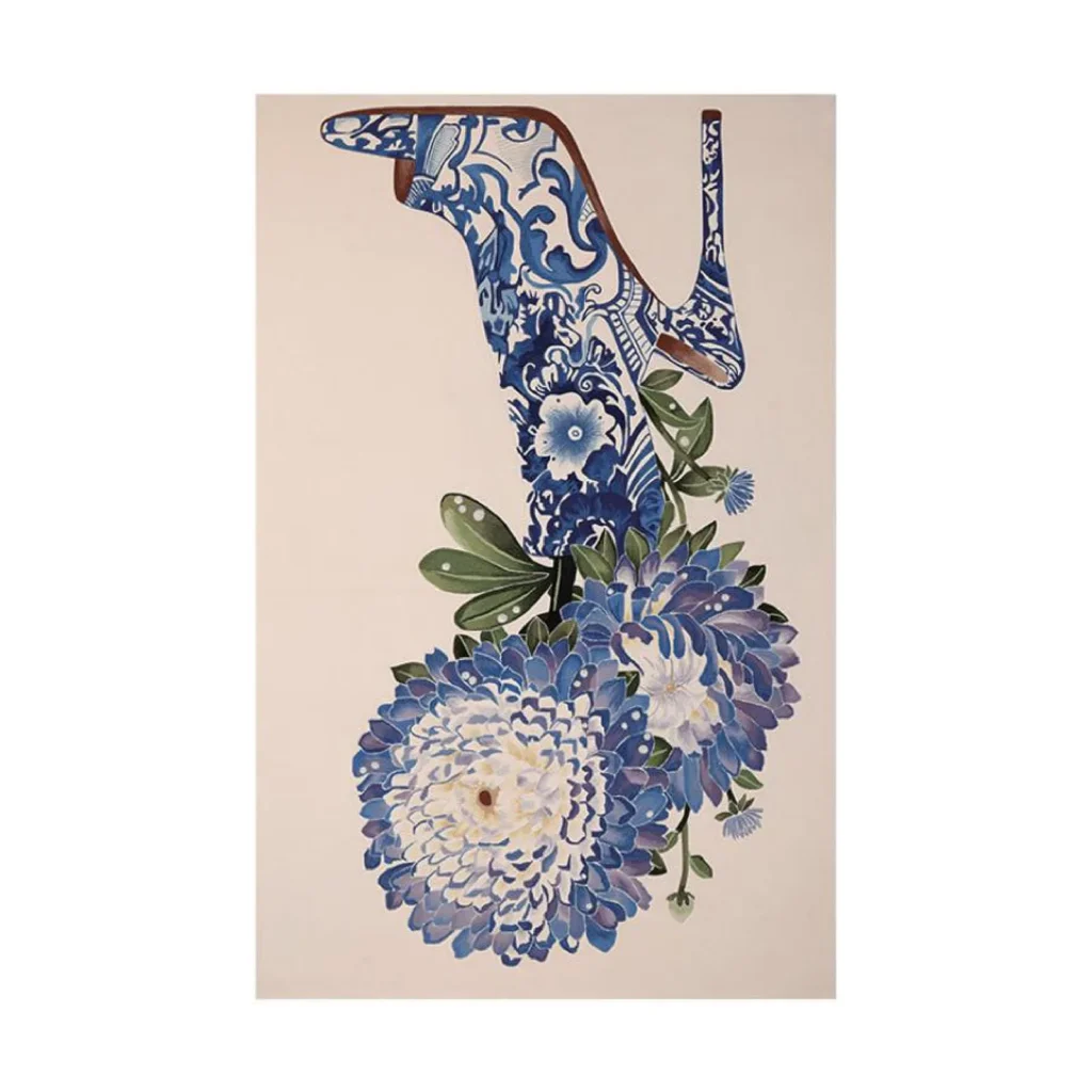 Custom Porcelain Heel Rug in Blue and White on Cream — front view