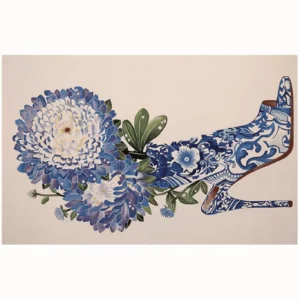 Custom Porcelain Heel Rug in Blue and White on Cream — in a room setting