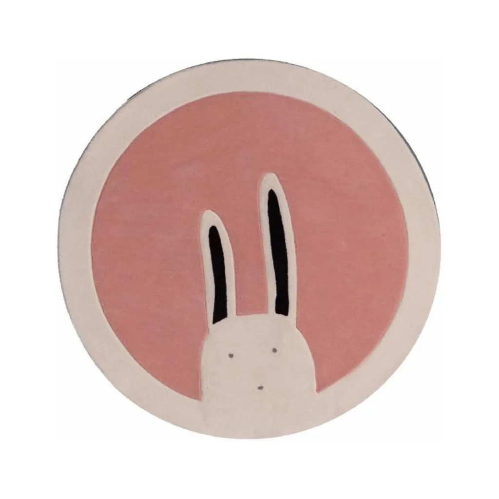 Custom Round Peeking Rabbit Rug in Pink and Cream — front view