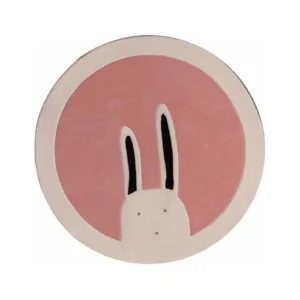 Custom Round Peeking Rabbit Rug in Pink and Cream — front view