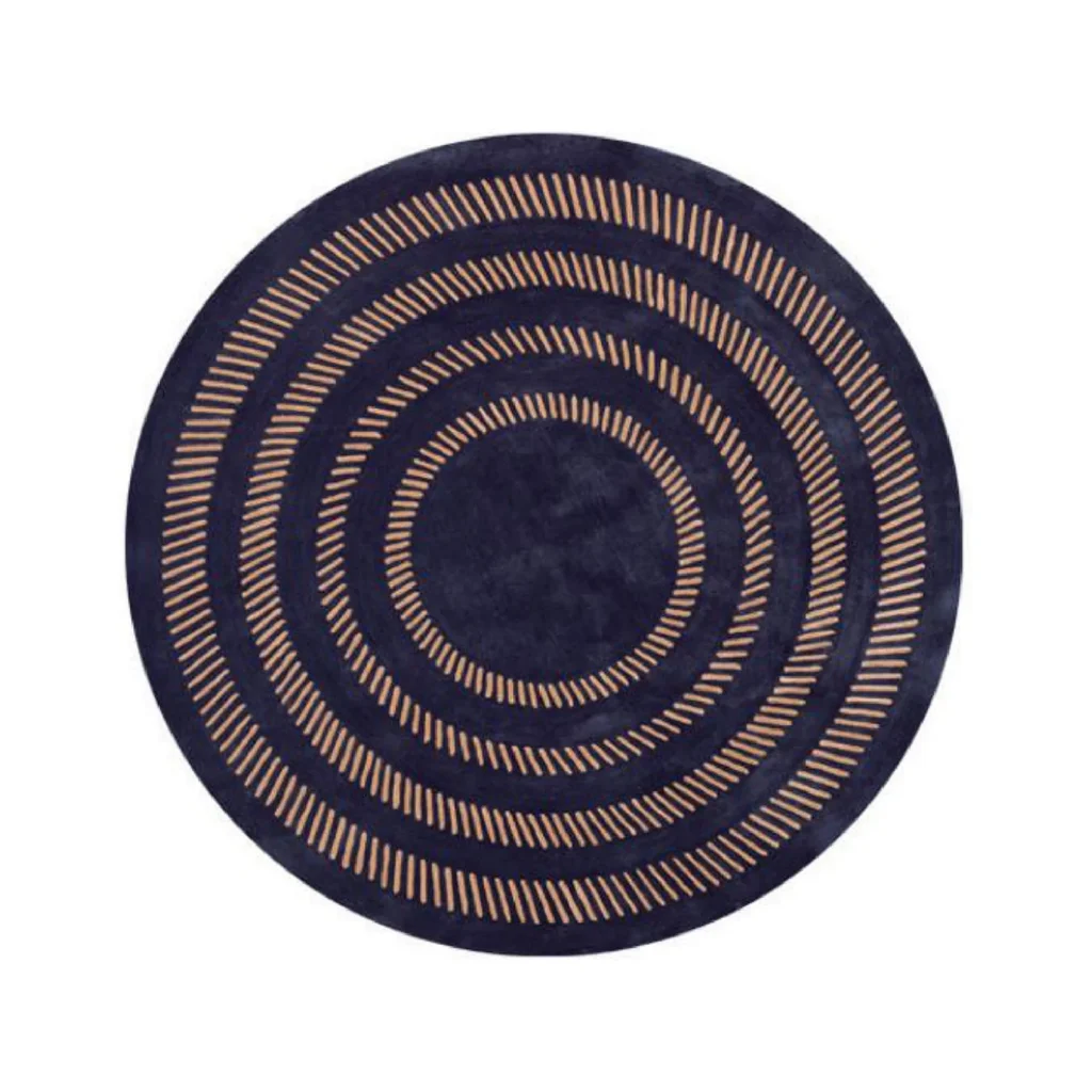 Custom Round Concentric Ring Rug in Navy and Tan — front view