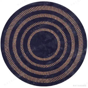 Custom Round Concentric Ring Rug in Navy and Tan — in a room setting