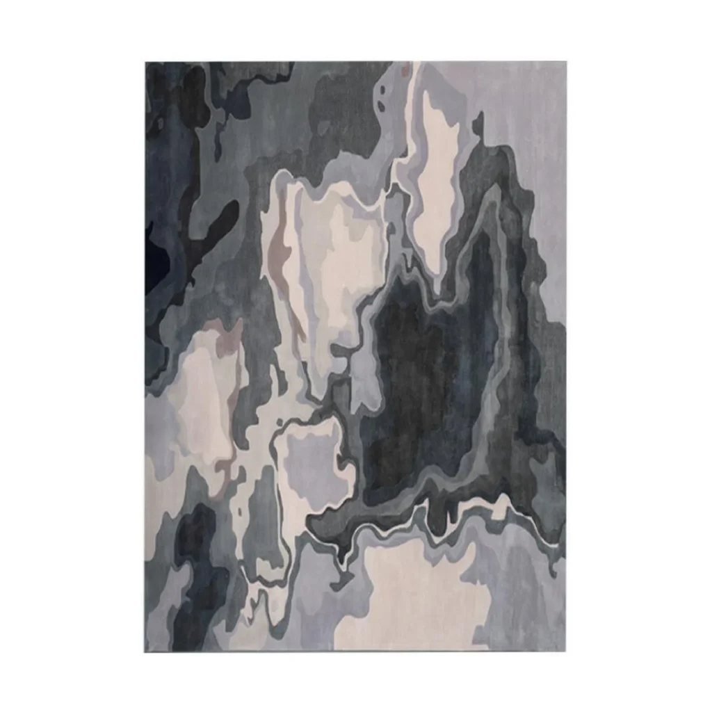 Custom Marbled Ink Rug in Navy, Grey and Cream — front view