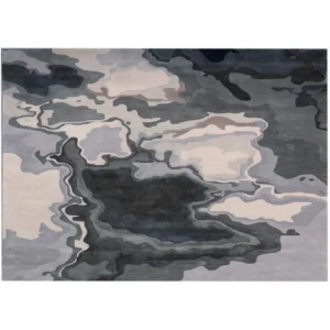 Custom Marbled Ink Rug in Navy, Grey and Cream — in a room setting