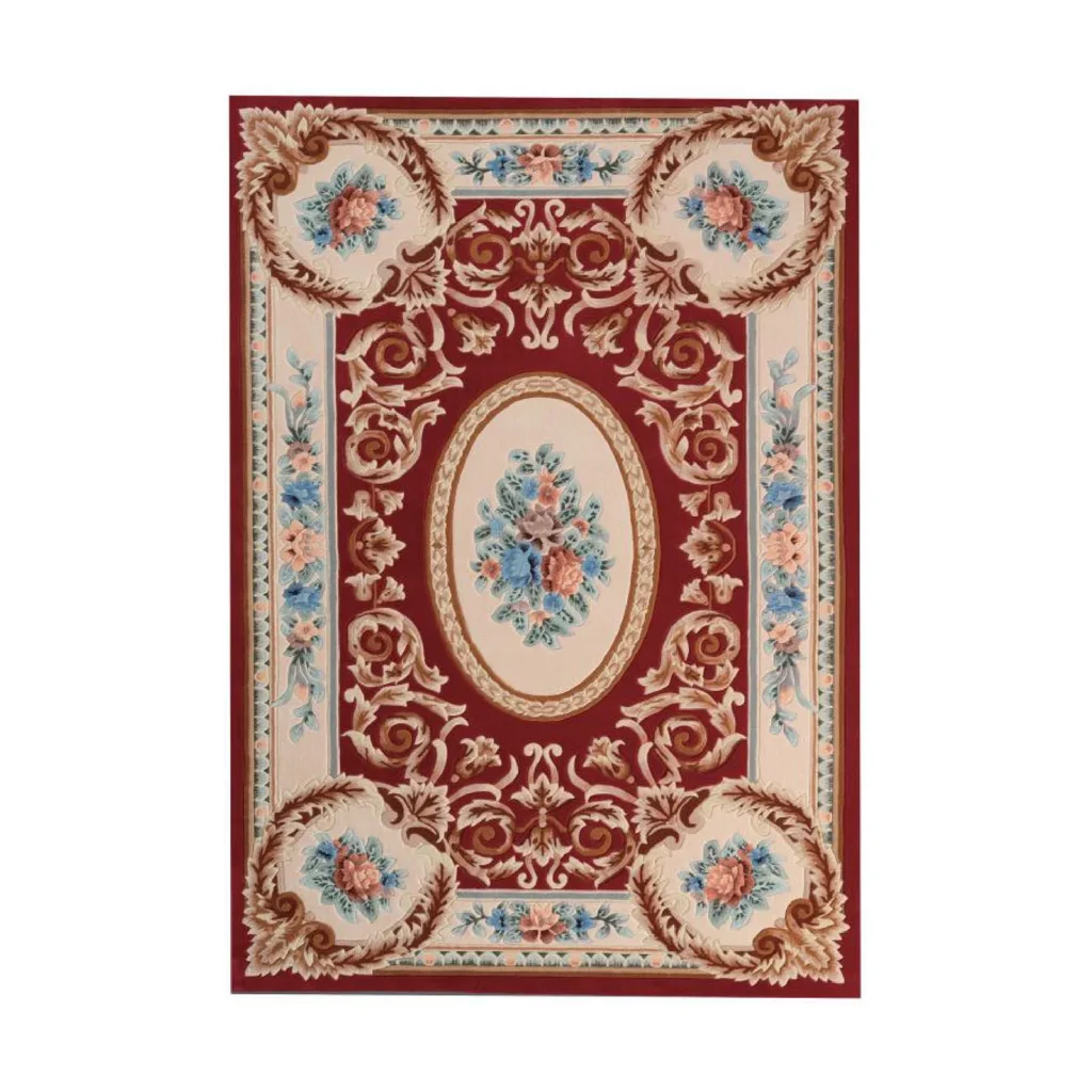 Custom Aubusson Style Rug in Burgundy, Cream and Blue — front view
