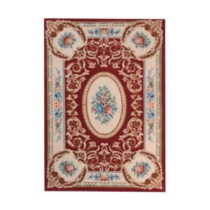 Custom Aubusson Style Rug in Burgundy, Cream and Blue — front view