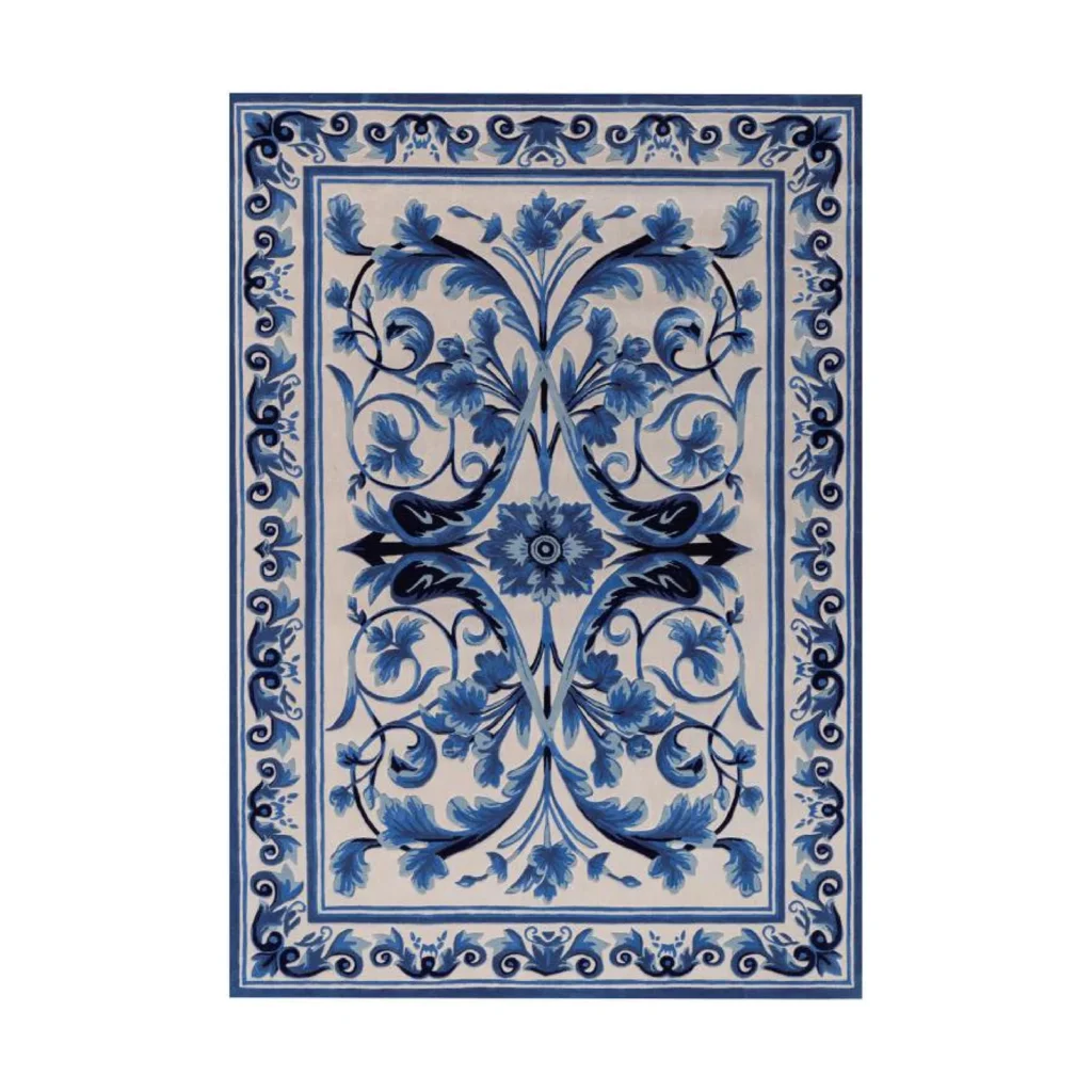 Custom Blue and White Scroll Rug in Porcelain Style — front view