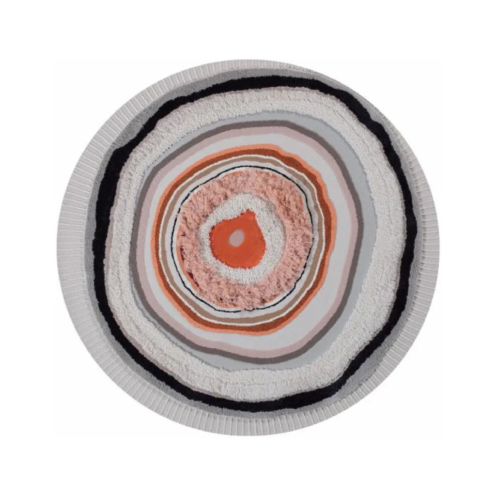 Custom Round Agate Slice Rug in Coral, Cream and Charcoal — front view