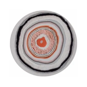 Custom Round Agate Slice Rug in Coral, Cream and Charcoal — front view