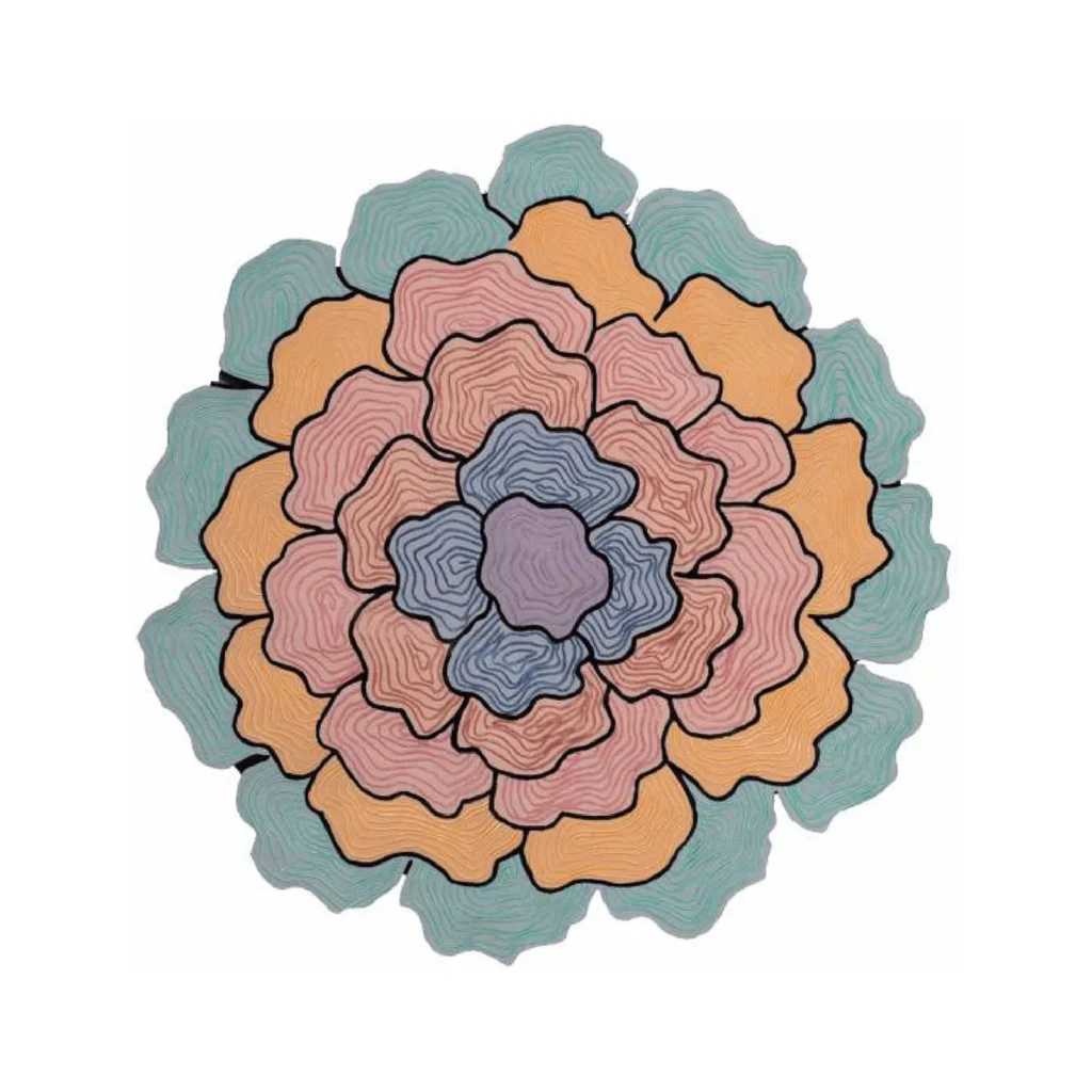 Custom Blooming Flower Rug in Coral, Peach and Teal — front view