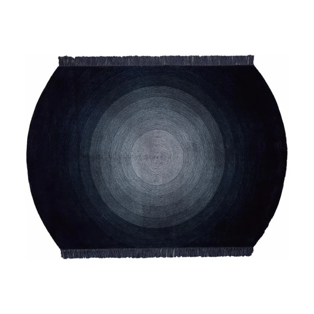 Custom Fringed Radial Gradient Rug in Navy and Grey — front view