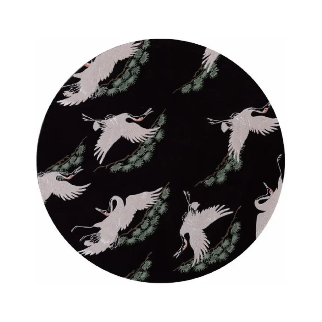 Custom Round Crane Rug in White and Green on Black — front view