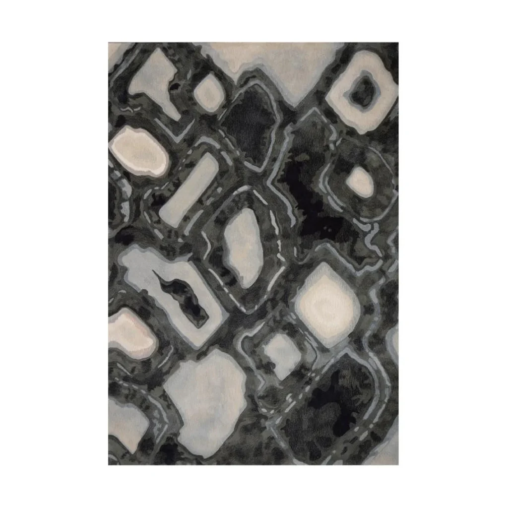 Custom Stone Mosaic Rug in Charcoal, Grey and Cream — front view
