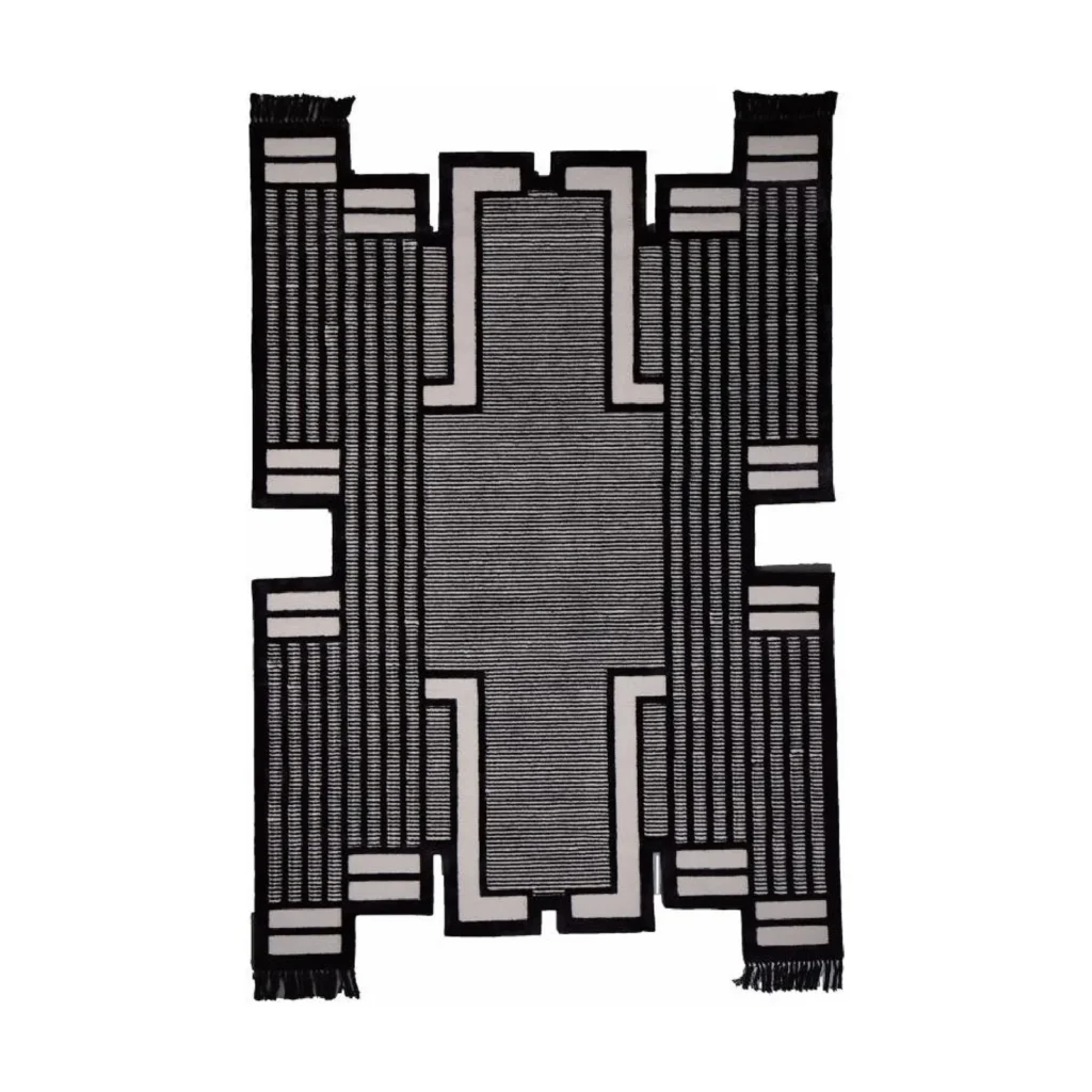 Custom Stepped Deco Rug in Charcoal and Cream with Fringe — front view