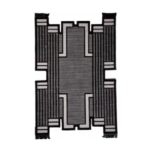 Custom Stepped Deco Rug in Charcoal and Cream with Fringe — front view