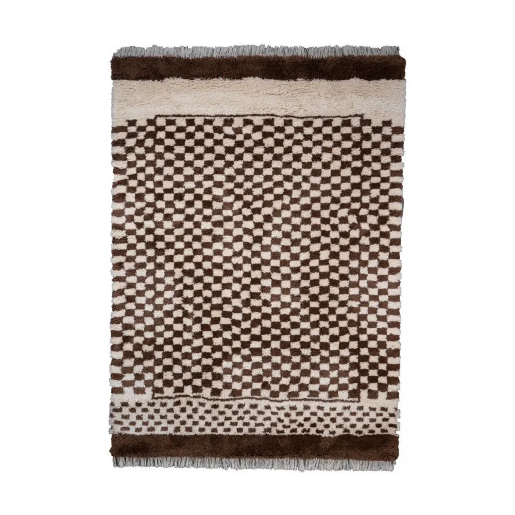 Custom Checkerboard Rug in Brown and Cream with Shag Border — front view